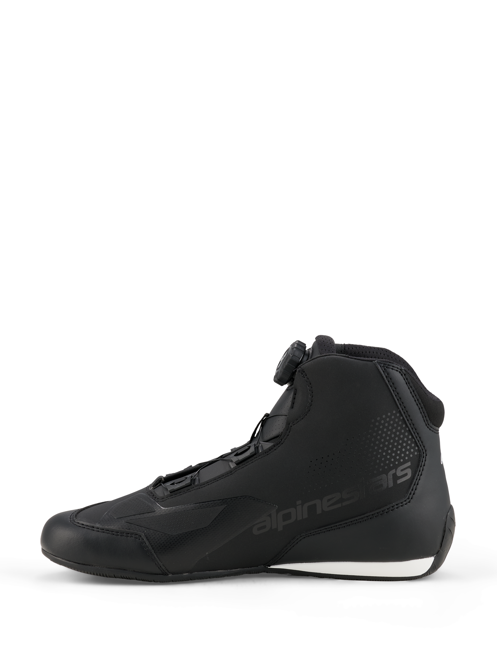 Alpinestars Celer Shoes, Motorcycle Riding Shoes, Black and White, side profile featuring the Rotor Closure System dial, sleek microfiber construction with embossed logo and white contrast on the heel.