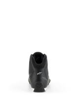 Alpinestars Celer Shoes, Motorcycle Riding Shoes, Black and White, rear view showing the heel construction, white Alpinestars star logo, micro-perforated details, and textured rubber sole for sport performance riding