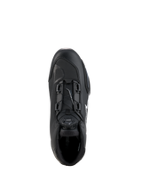 Alpinestars Celer Shoes, Black and White, top-down view highlighting the Rotor Closure System dial, technical microfiber construction, and sleek sport riding silhouette.
