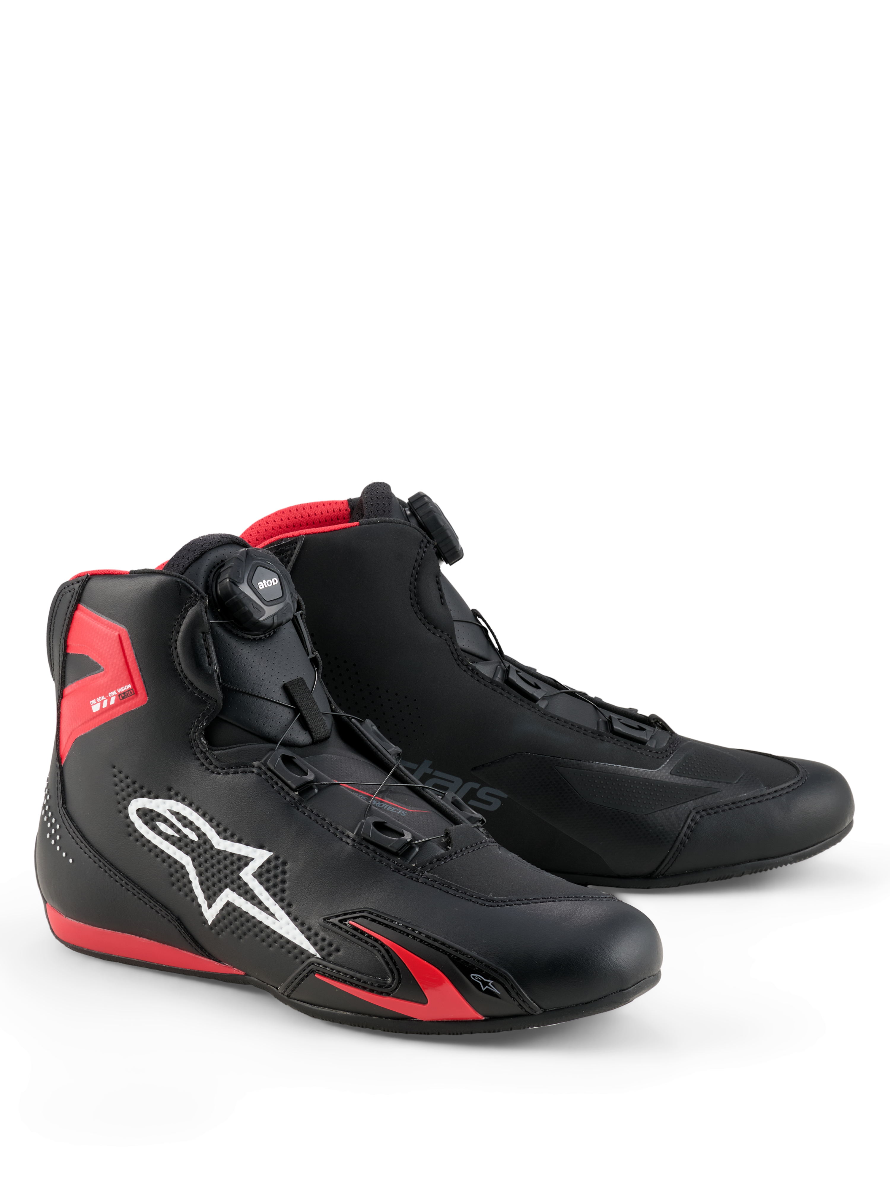 Alpinestars Celer Shoes, Motorcycle Riding Shoes, Black and Bright Red, featuring white Astars logo, micrometric dial closure system, and technical microfiber construction with red TPU accents, streamlined sporty design for racing and street riding