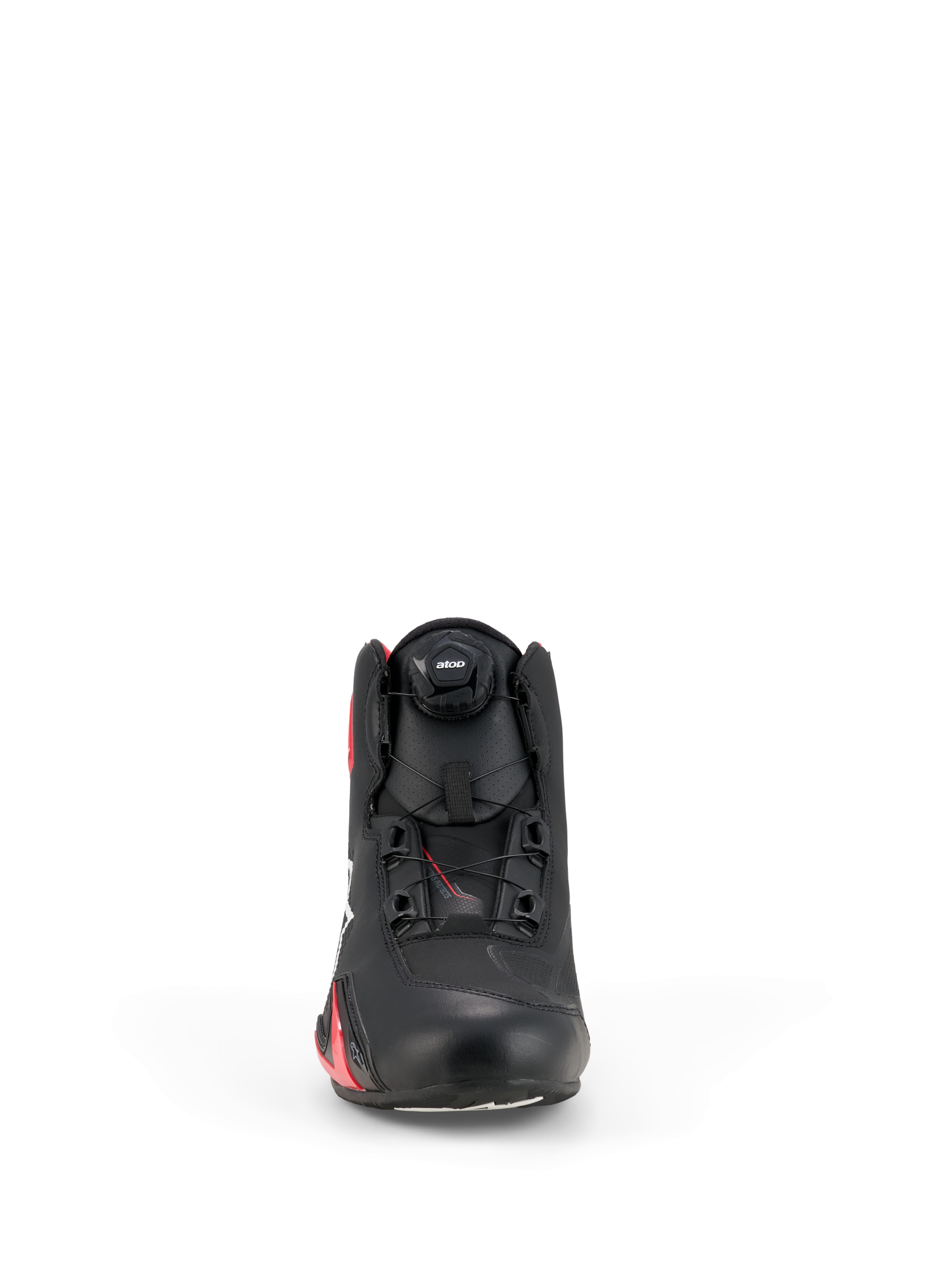 Alpinestars Celer Shoes, Motorcycle Riding Shoes, Black and Bright Red, front view featuring the Rotor closure system dial, technical microfiber upper, and streamlined racing-inspired design