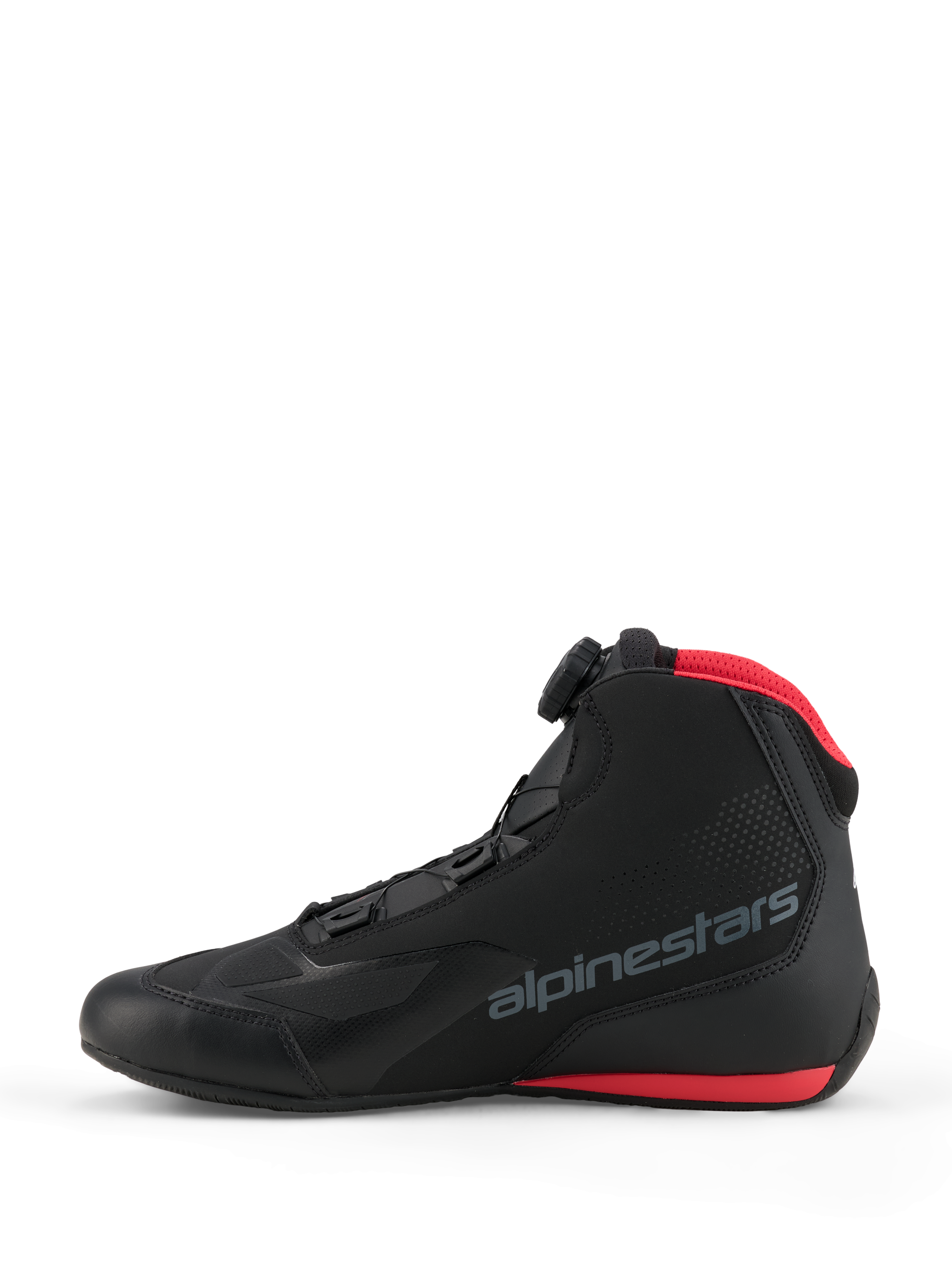 Alpinestars Celer Shoes, Motorcycle Riding Shoes, Black and Bright Red, side profile view featuring the Alpinestars Rotor closure dial, microfiber upper with grey branding logo, and red accents on the mesh collar and sole.