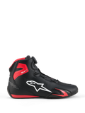 Alpinestars Celer Shoes, Motorcycle Riding Shoes, Black and Bright Red, profile view featuring white Alpinestars logo, Rotor closure system dial, red TPU ankle protection, and streamlined microfiber construction for sport and racing