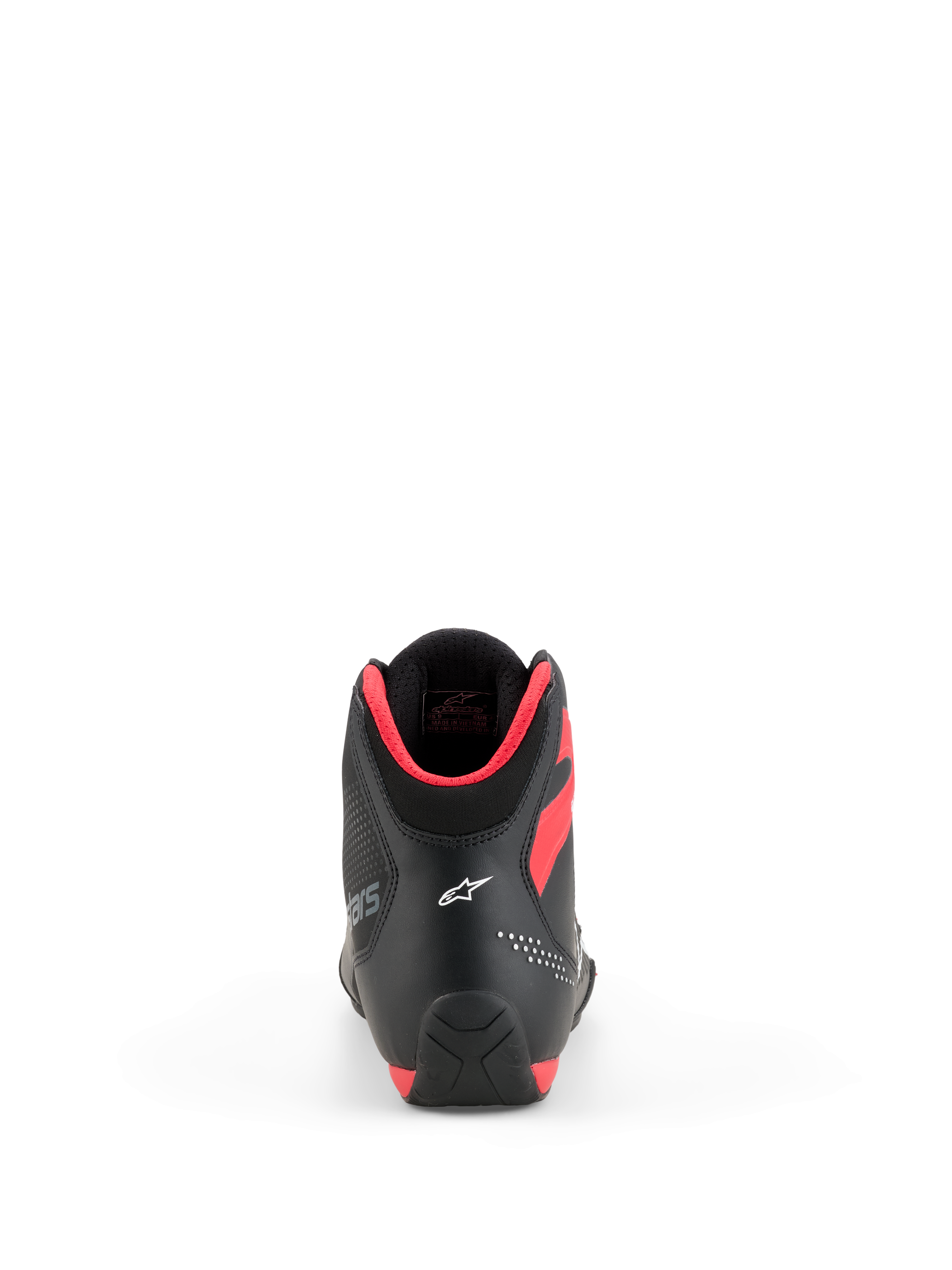 Alpinestars Celer Shoes, Motorcycle Riding Shoes, Black and Bright Red, rear view showing white Astar logo on the heel and bright red collar padding, sleek sport performance design