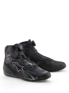 Alpinestars Celer Superair Shoes, Motorcycle Riding Shoes, Black and Dark Gray, featuring Rotor Closure System dial, high-airflow textile upper, sleek sport profile with Alpinestars branding, designed for warm weather riding.