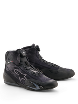 Alpinestars Celer Superair Shoes, Motorcycle Riding Shoes, Black and Dark Gray, featuring Rotor Closure System dial, high-airflow textile upper, sleek sport profile with Alpinestars branding, designed for warm weather riding.