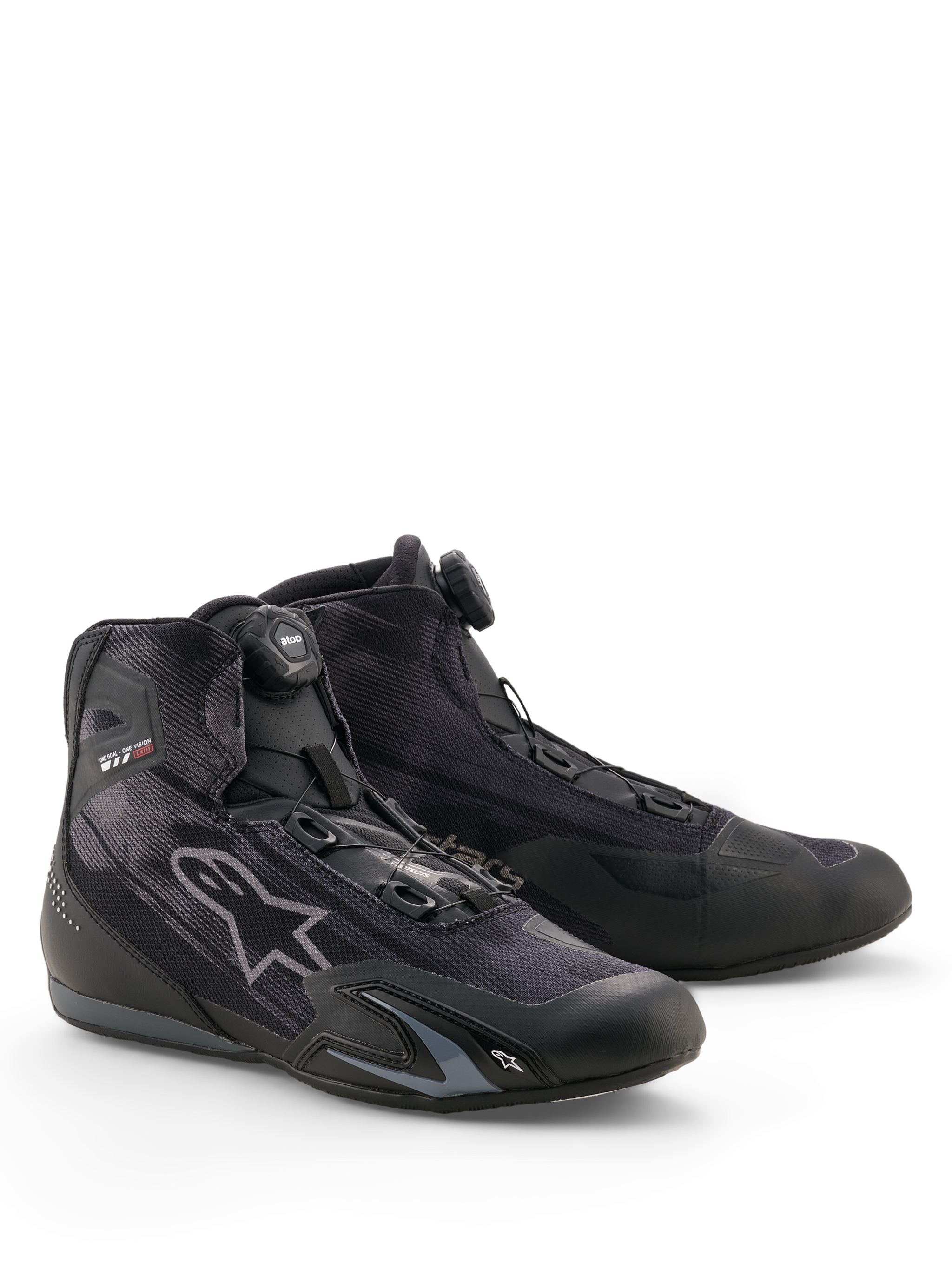Alpinestars Celer Superair Shoes, Motorcycle Riding Shoes, Black and Dark Gray, featuring Rotor Closure System dial, high-airflow textile upper, sleek sport profile with Alpinestars branding, designed for warm weather riding.