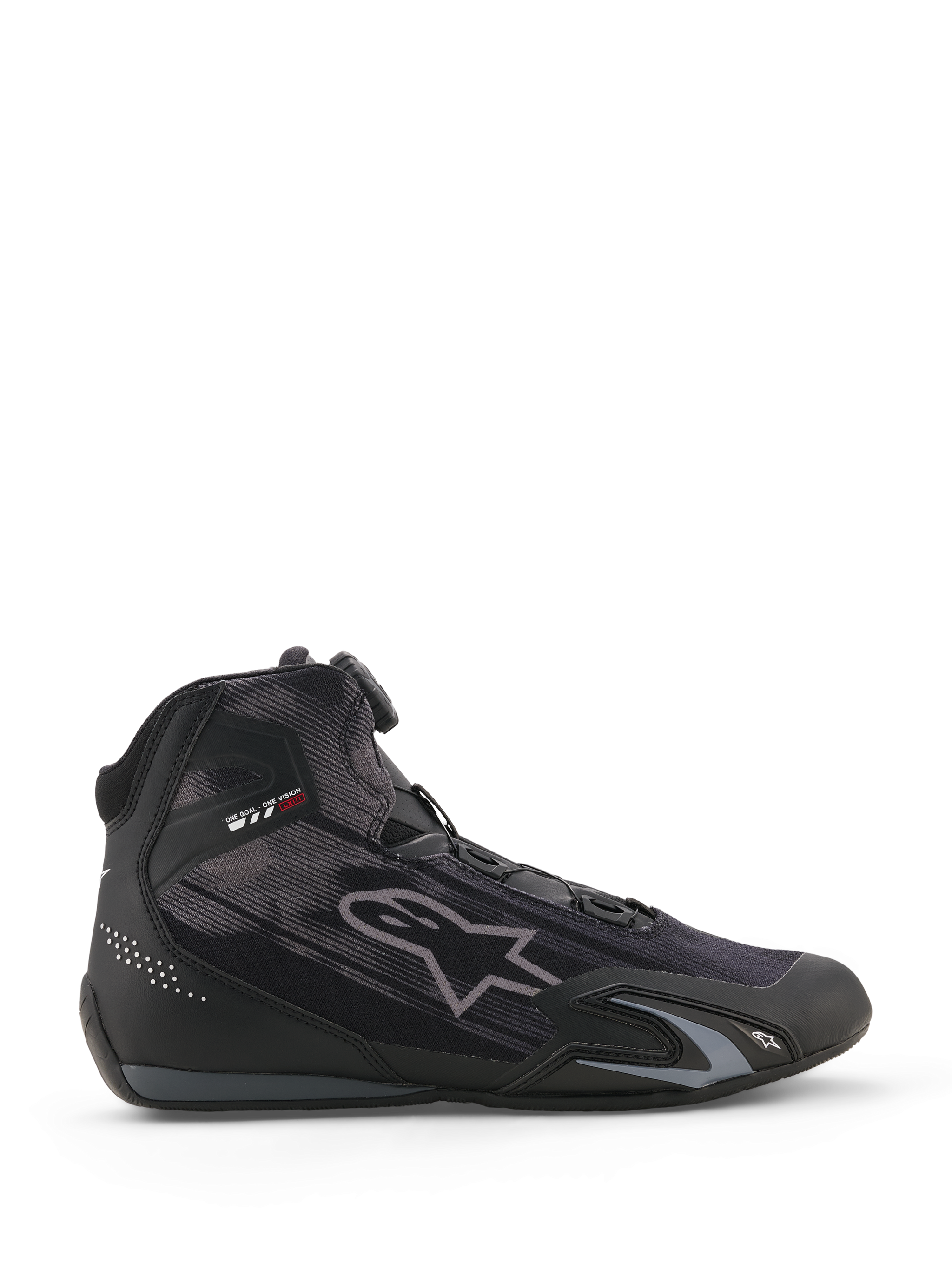 Alpinestars Celer Superair Shoes, motorcycle riding shoes, Black and Dark Gray, side profile with high-airflow textile construction, featuring a Rotor Closure System and protective TPU reinforcements, sleek athletic motorsport design.