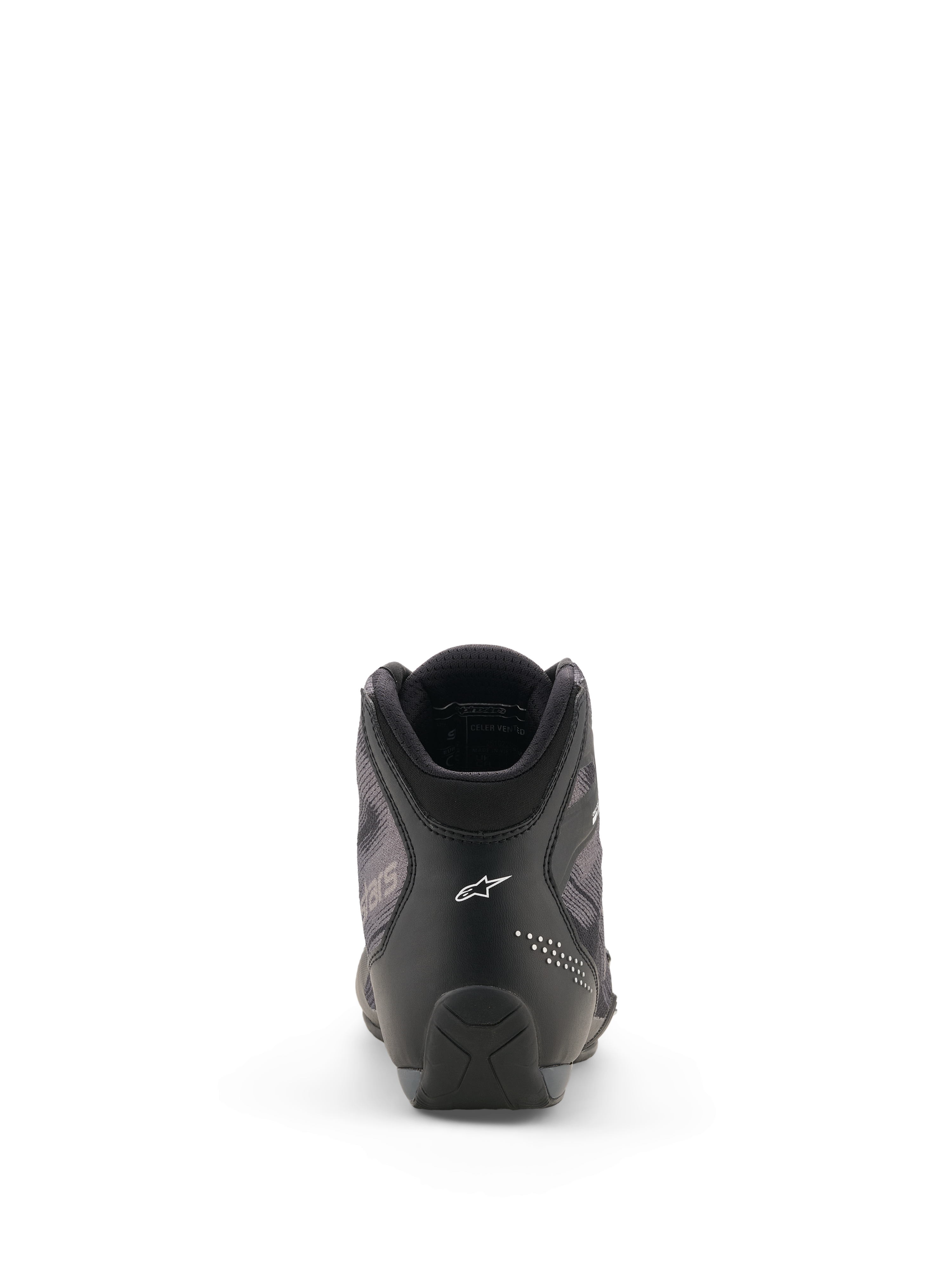Alpinestars Celer Superair Shoes, Motorcycle Riding Shoes, Black and Dark Gray, rear view featuring the white Alpinestars logo on the heel, technical microfiber and airflow textile construction, sleek sport-riding design