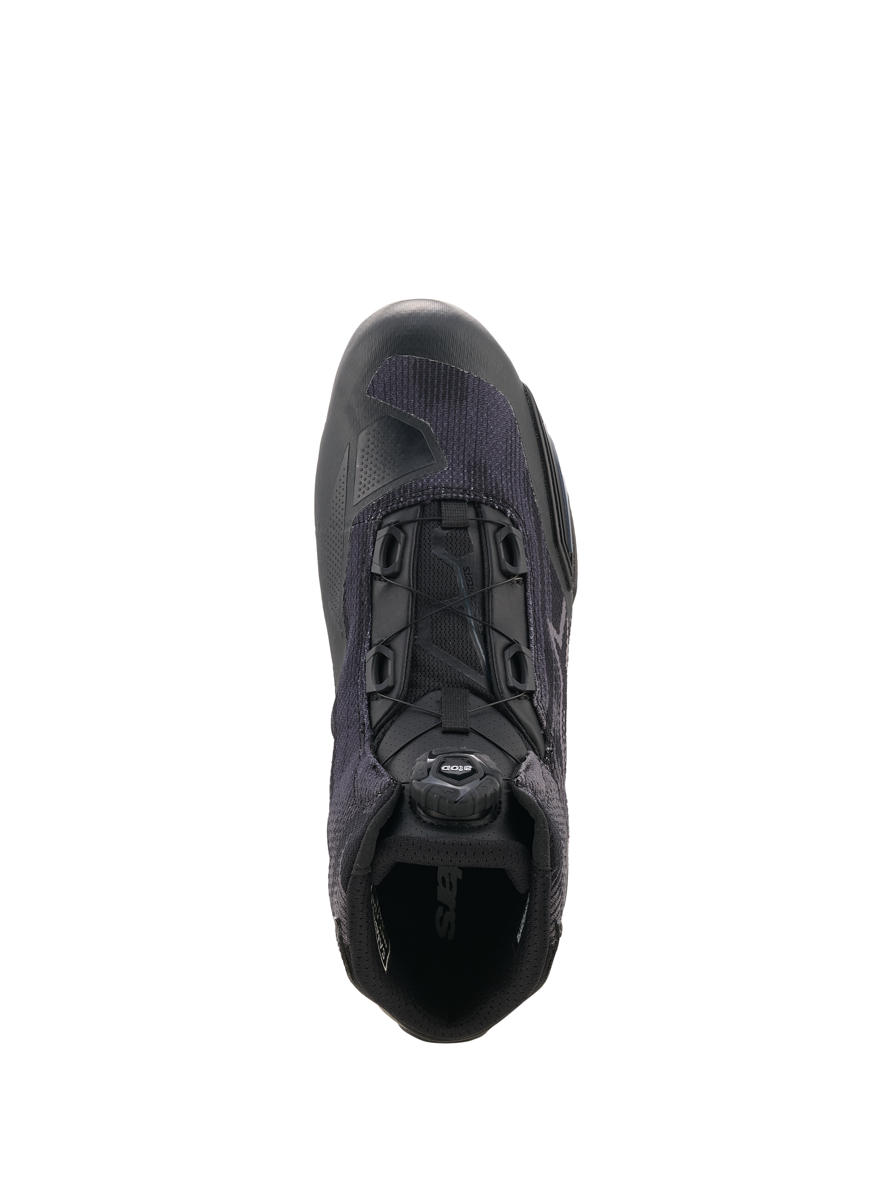 Alpinestars Celer Superair Shoes, Motorcycle Riding Shoes, Black and Dark Gray, top-down view highlighting the Rotor Closure System dial, breathable high-airflow textile construction, and protective synthetic reinforcements