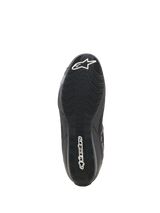 Alpinestars Celer Superair Shoes, Motorcycle Riding Shoes, Black and Dark Gray, bottom view of textured oil-resistant rubber outsole, featuring white Alpinestars star logo at toe and wordmark at heel