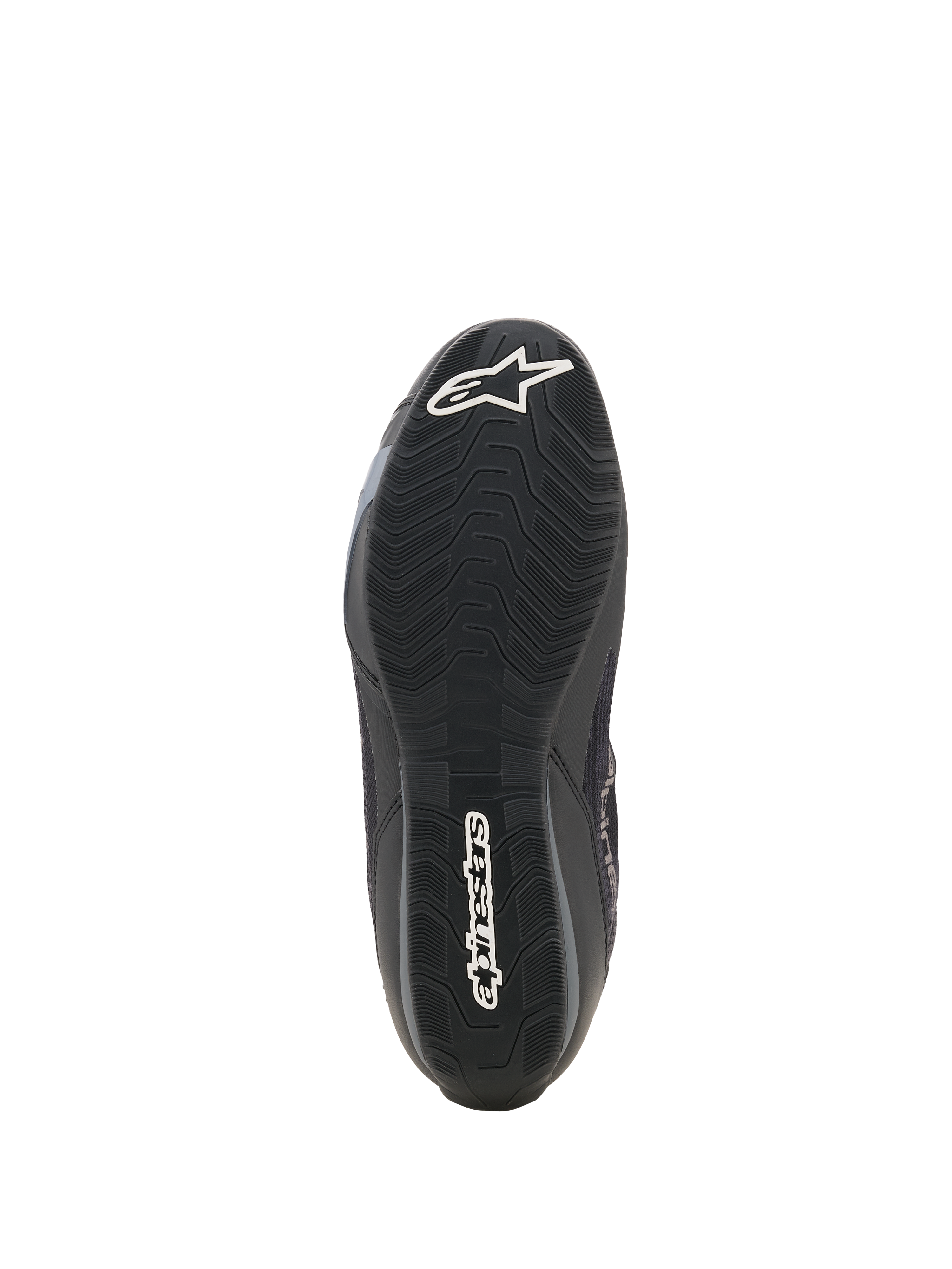 Alpinestars Celer Superair Shoes, Motorcycle Riding Shoes, Black and Dark Gray, bottom view of textured oil-resistant rubber outsole, featuring white Alpinestars star logo at toe and wordmark at heel