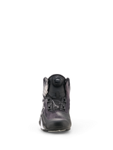 Alpinestars Celer Superair Shoes, Black and White motorcycle riding shoes, front-facing view highlighting the Atop rotor closure system on the tongue and the technical mesh upper.