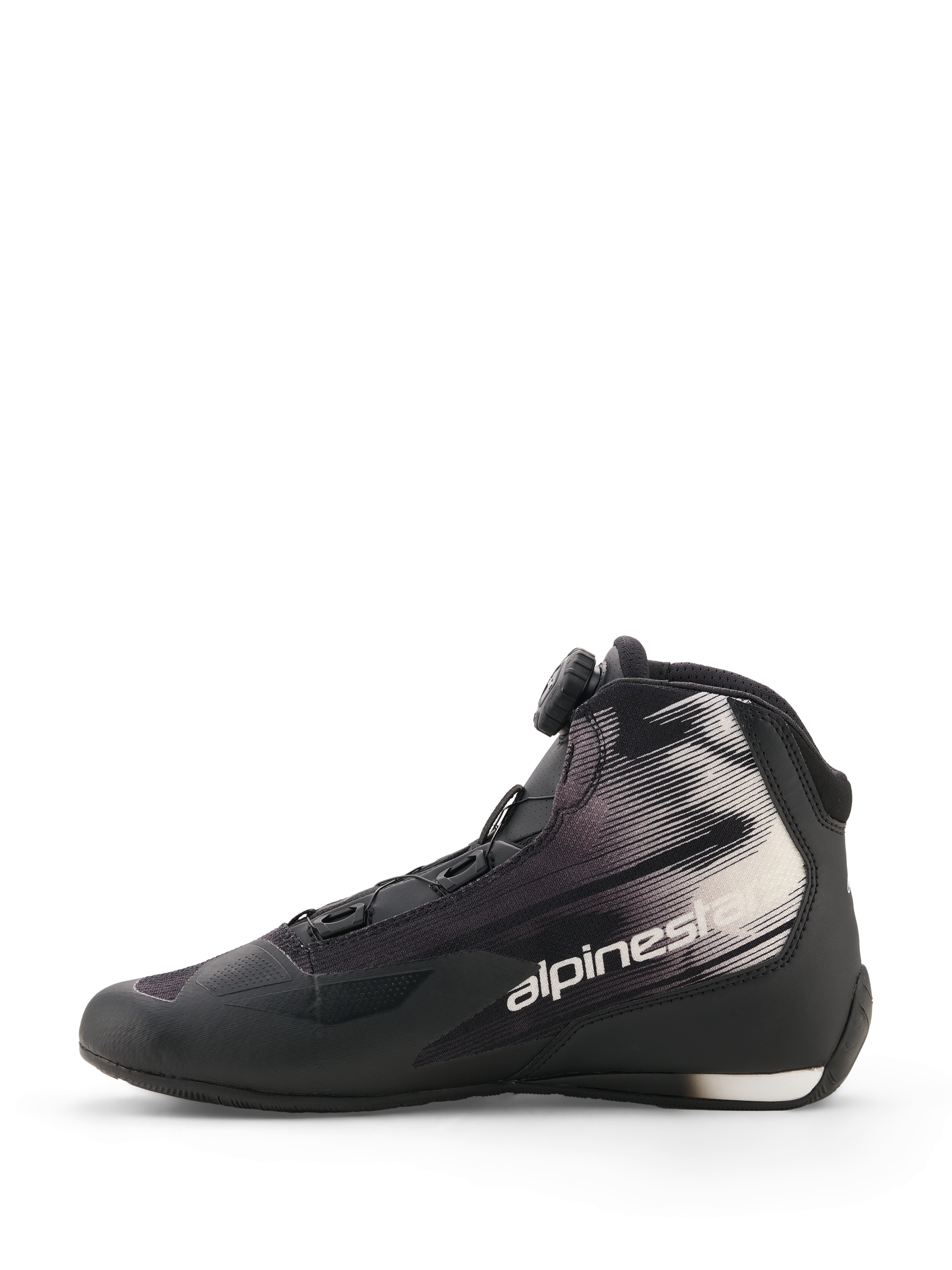 Alpinestars Celer Superair Shoes, Black and White, motorcycle riding shoes, side profile view, featuring Rotor Closure System dial, textile upper with white graphic patterns and Alpinestars logo, sport and leisure design