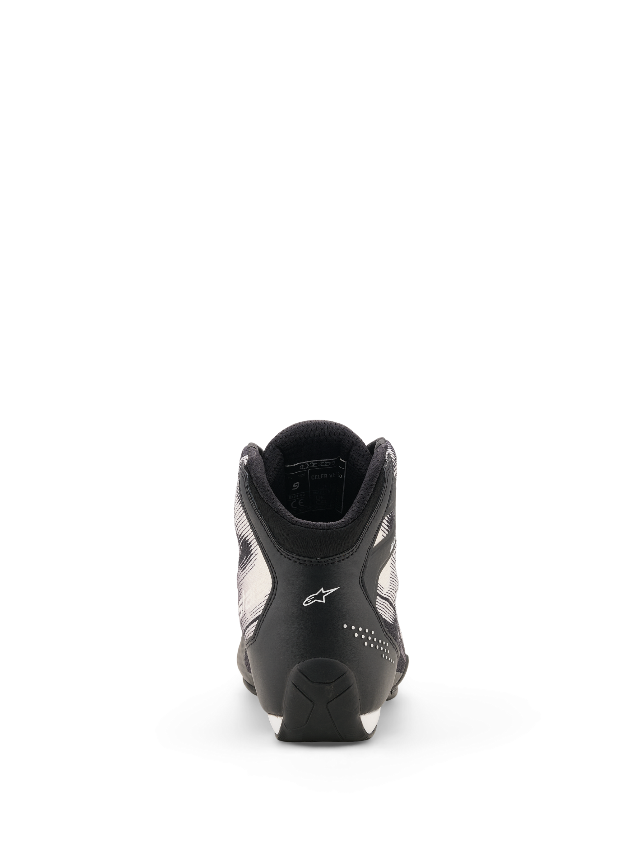Alpinestars Celer Superair Shoes, Motorcycle Riding Shoes, Black and White, rear view showing the heel with white Astar logo, perforated accents, and textured sole design