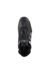 Alpinestars Celer Superair Shoes, Black and White motorcycle riding shoe shown from a top-down perspective, featuring the integrated Rotor Closure System, breathable textile upper, and sport-inspired design for warm-weather performance.