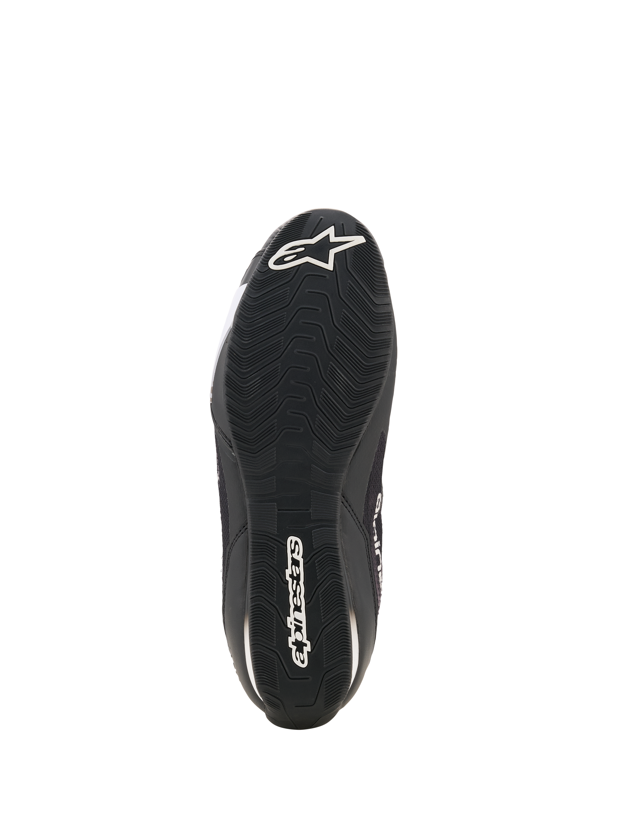 Alpinestars Celer Superair Shoes, Motorcycle Riding Shoes, Black and White, bottom view showing the oil-resistant rubber outsole with textured tread, white Alpinestars logo on the heel and brand name along the center for grip and performance