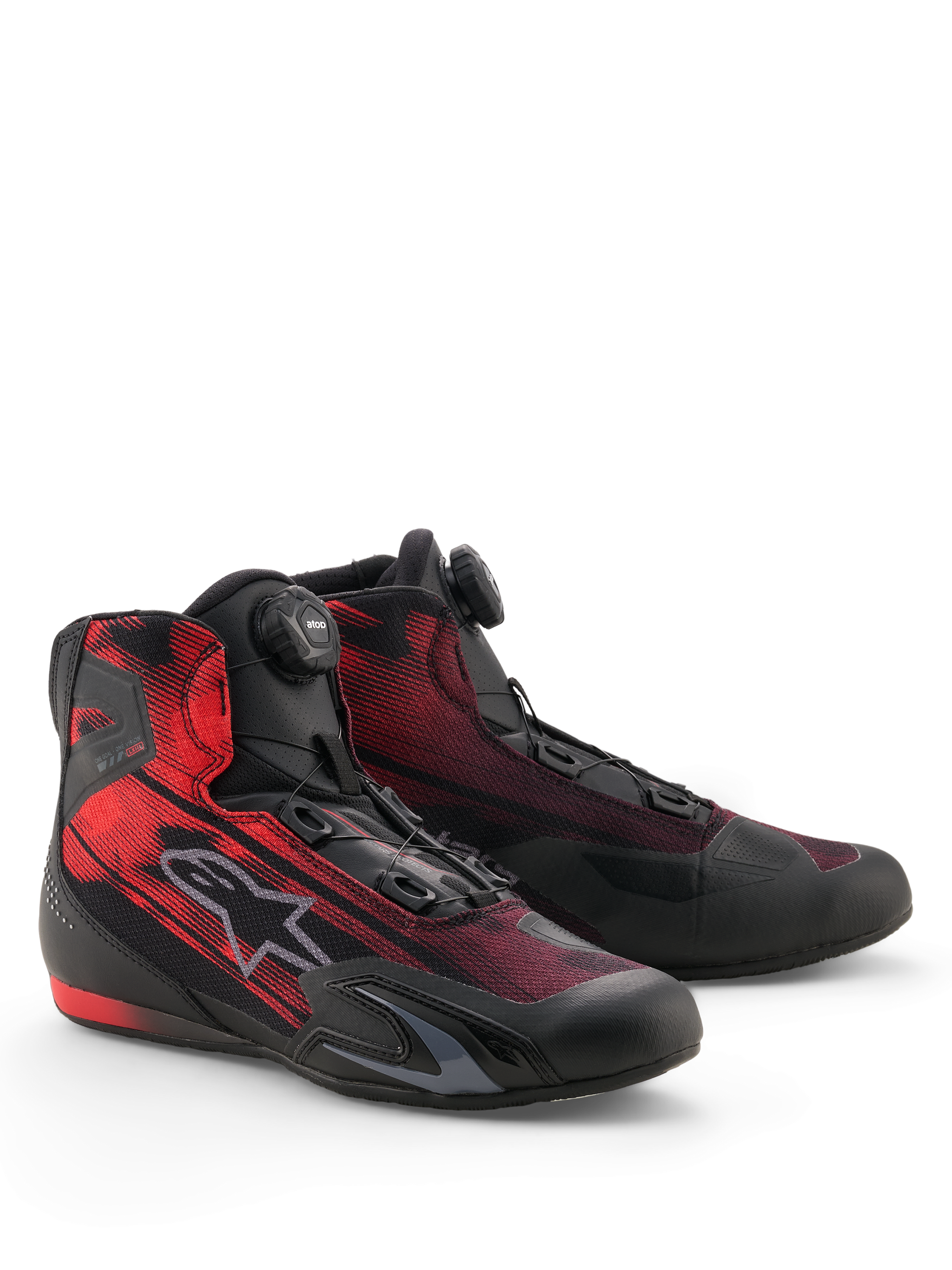 Alpinestars Celer Superair Shoes, Sport Motorcycle Riding Shoes, Black and Bright Red, featuring the Alpinestars Rotor Closure System and breathable airflow textile upper, sleek design with TPU reinforcements and textured grip sole