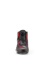 Alpinestars Celer Superair Shoes, Motorcycle Riding Shoes, Black and Bright Red, front view featuring the Rotor Closure System dial and breathable airflow textile upper with protective reinforcements