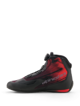 Alpinestars Celer Superair Shoes, Motorcycle Riding Shoes, Black and Bright Red, side profile view showing the Alpinestars Rotor Closure System dial, ventilated airflow textile upper, and striking red gradient graphic with Alpinestars wordmark
