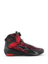 Alpinestars Celer Superair Shoes, motorcycle riding shoes, Black and Bright Red, side view featuring a streaked graphic textile upper, gray Alpinestars logo, and Rotor Closure System dial, sporty performance footwear for motorcyclists