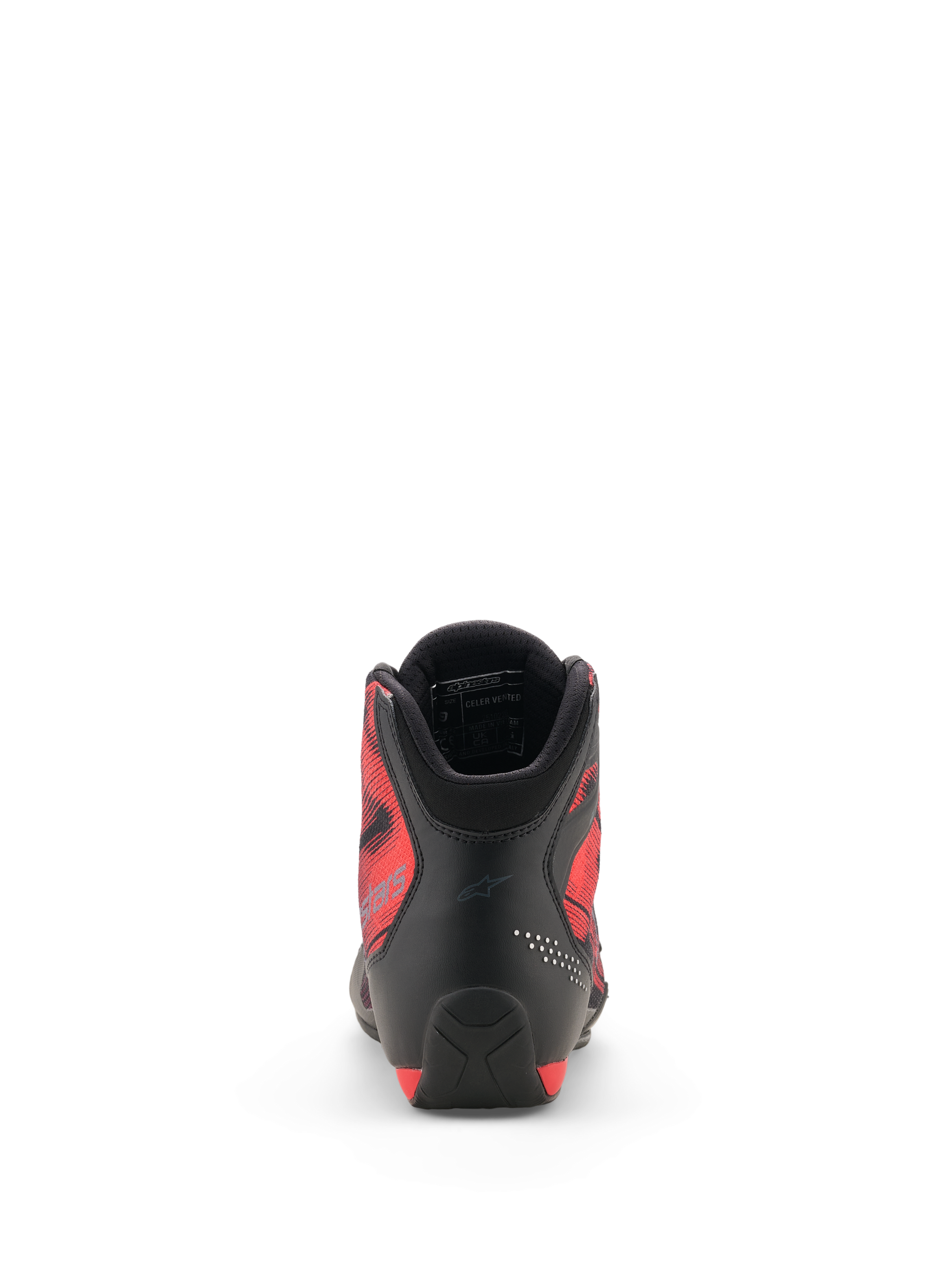 Alpinestars Celer Superair Shoes, Rear View, Black and Bright Red, featuring reinforced microfiber heel, breathable red airflow textile side panels with graphic design, and cushioned collar with 3D mesh lining, sport motorcycle riding footwear