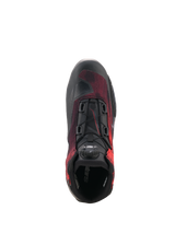 Alpinestars Celer Superair Shoes, Motorcycle Riding Shoes, Black and Bright Red, top-down view showing the Rotor Closure System dial, breathable airflow textile, and reinforced construction for sport riding.