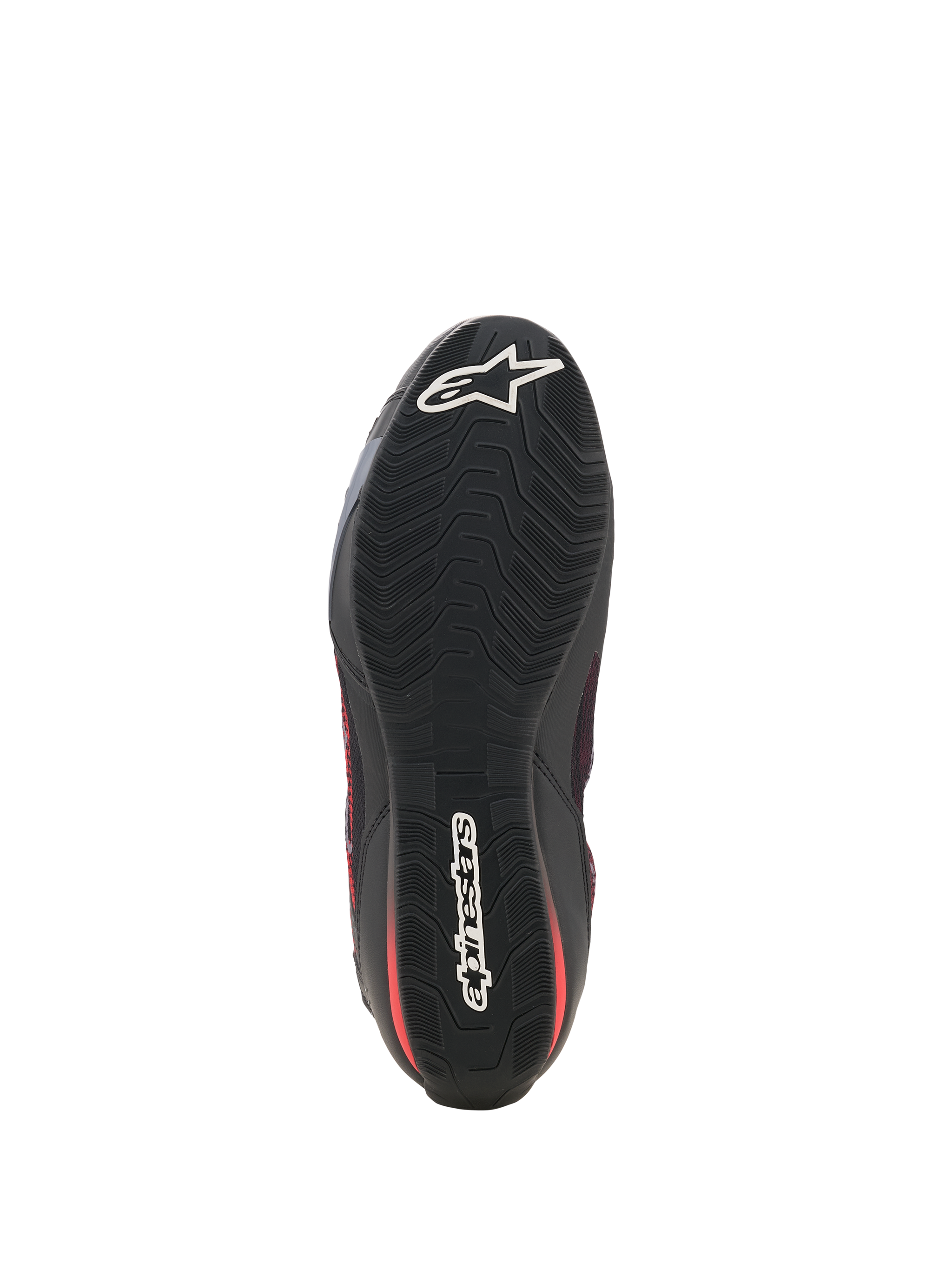Alpinestars Celer Superair Shoes, Motorcycle Riding Shoes, Black and Bright Red, bottom view showing the black oil-resistant rubber outsole with a textured wavy grip pattern and white Alpinestars branding on the toe and heel