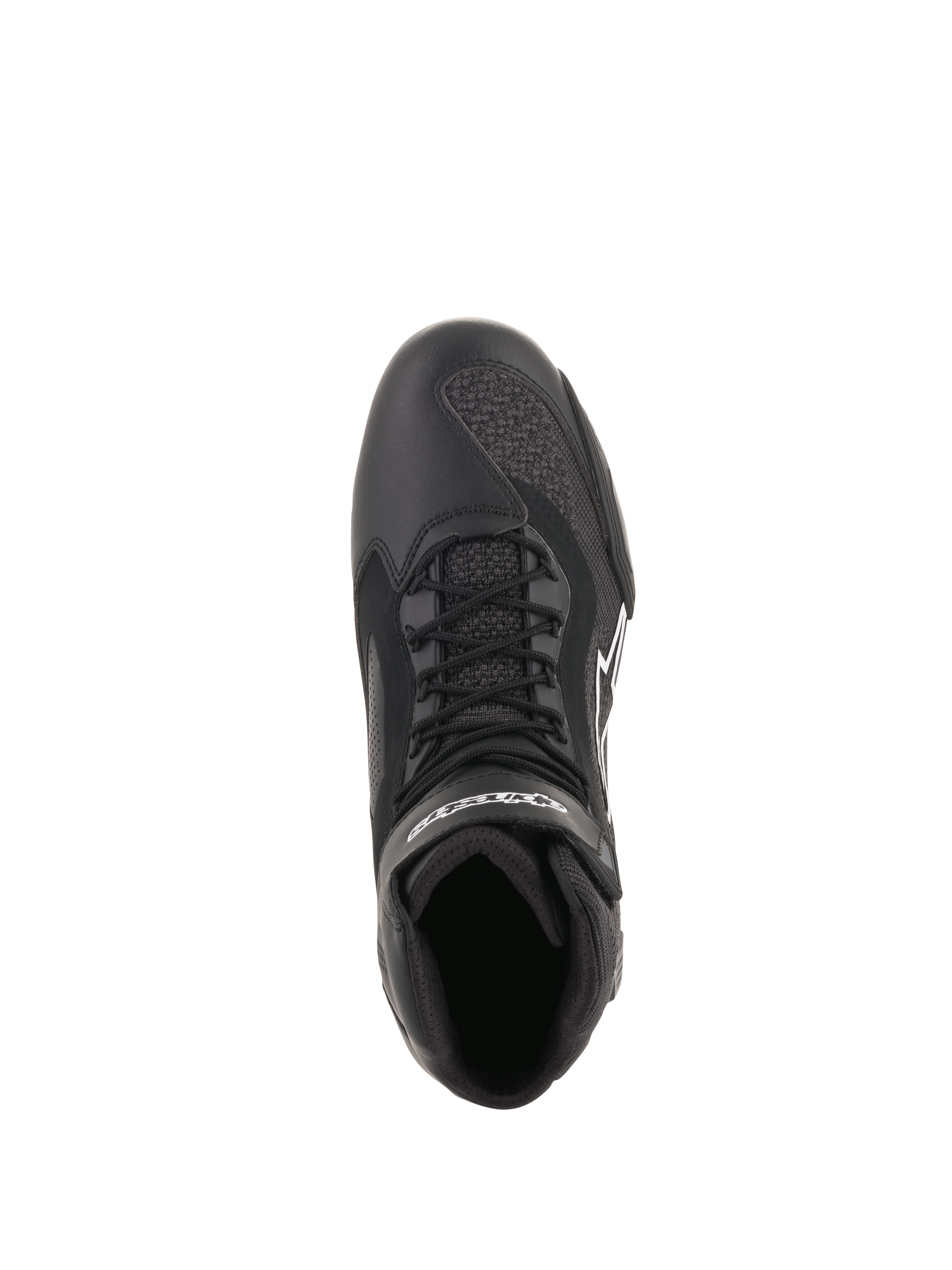 Alpinestars Faster-3 Rideknit® Shoes, Black, top-down view showing laces and breathable mesh panels, lightweight microfiber and knit construction, performance motorcycle footwear