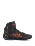 Alpinestars Faster-3 Rideknit® Shoes, Motorcycle Riding Shoe, Black and Red Fluo, lateral profile view, breathable knit and microfiber upper, fluorescent red Alpinestars logo and branding, lightweight protective footwear for road and urban riding