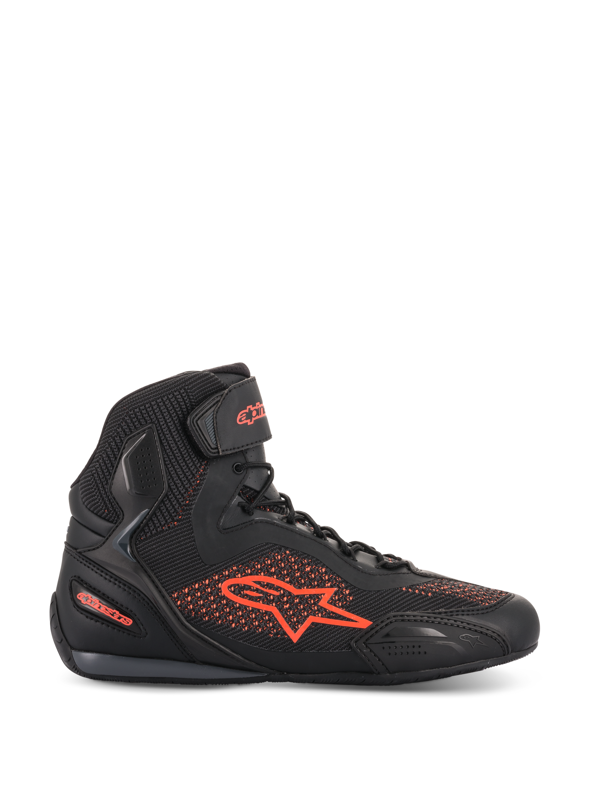 Alpinestars Faster-3 Rideknit® Shoes, Motorcycle Riding Shoe, Black and Red Fluo, lateral profile view, breathable knit and microfiber upper, fluorescent red Alpinestars logo and branding, lightweight protective footwear for road and urban riding