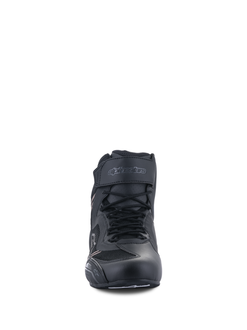 Alpinestars Faster-3 Rideknit® Shoes, Motorcycle Riding Shoes, Black Black, front view showing laces and Velcro ankle strap, lightweight microfiber and mesh construction