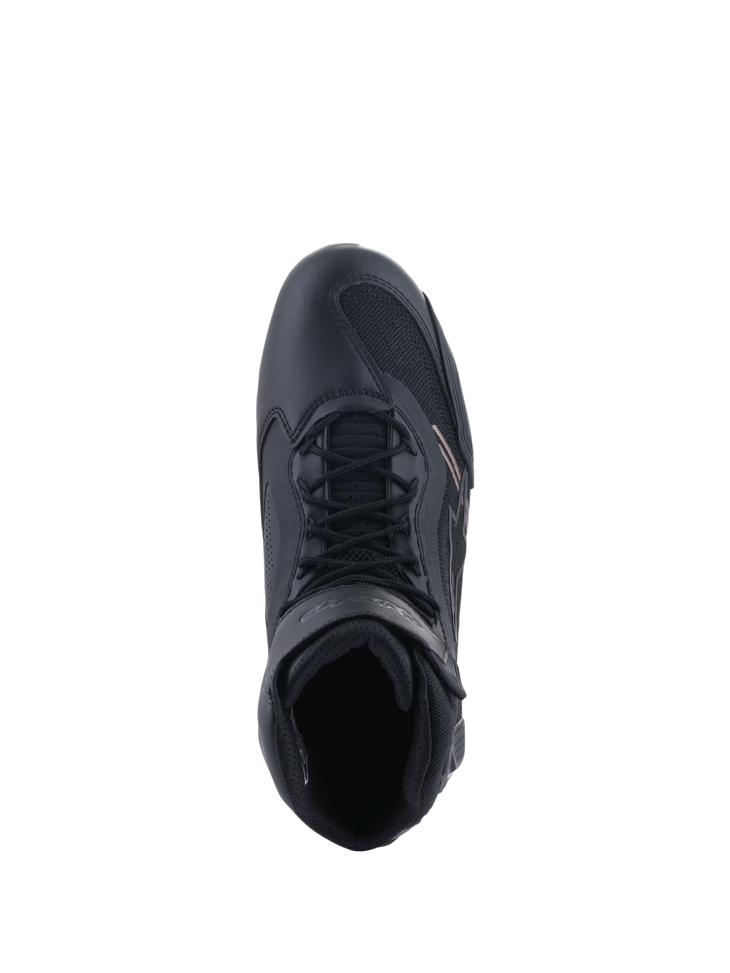 Alpinestars Faster-3 Rideknit® Shoes, Motorcycle Riding Shoes, Black, top-down view showing the lacing system and ankle strap, featuring a blend of breathable mesh and microfiber, sporty design for performance road riding
