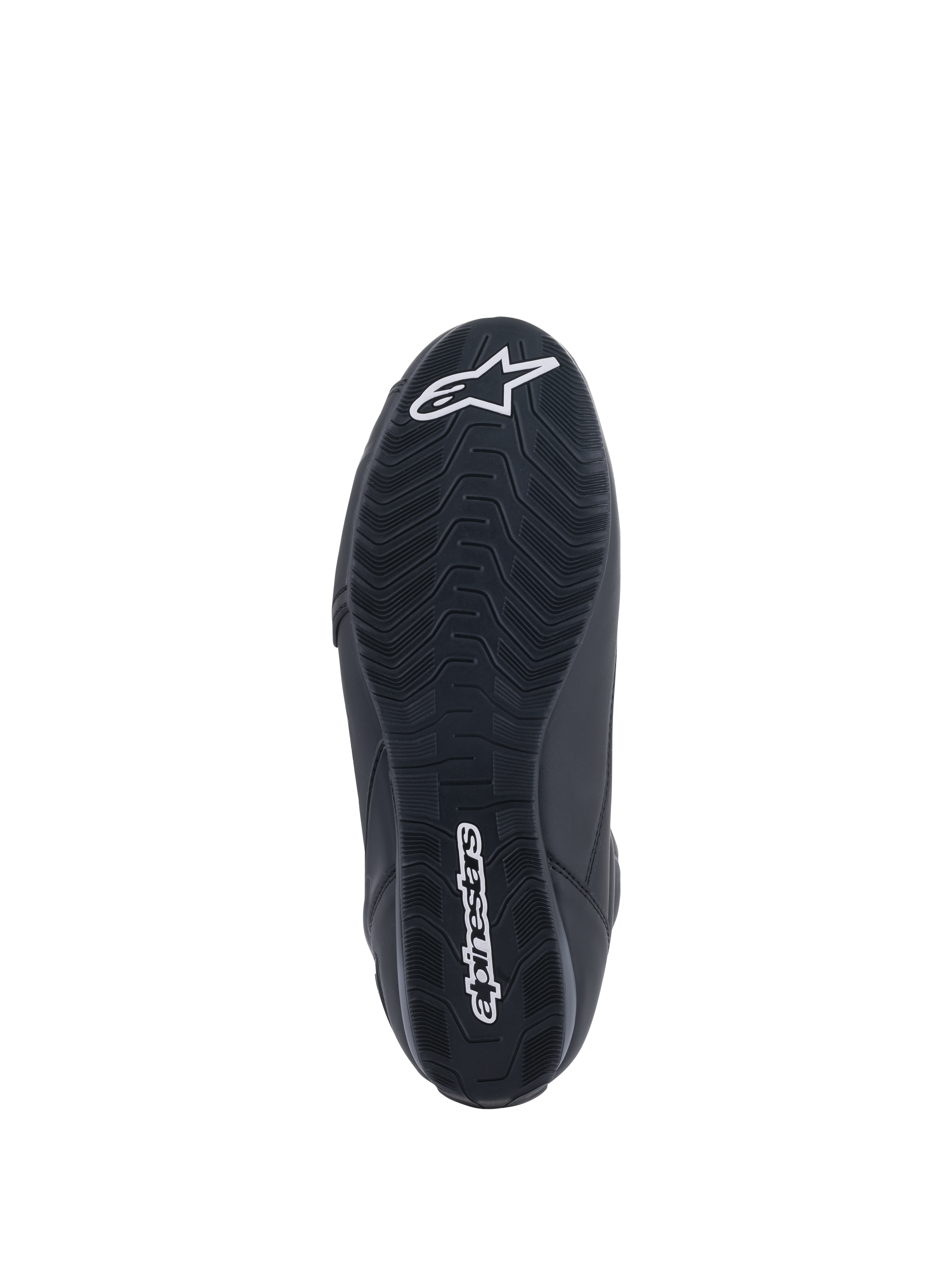 Alpinestars Faster-3 Rideknit® Shoes, motorcycle riding shoes, Black, bottom view of the sole featuring textured tread with white Alpinestars wordmark and star logo, designed for road racing performance