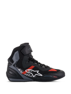 Alpinestars Faster-3 Rideknit Shoes, Motorcycle Riding Sneakers, Black with Gray and Bright Red Accents, High-Top Design with White Star Logo, Breathable Knit Construction, Ankle Strap, Gray Textured Panels, Black and Gray Sole