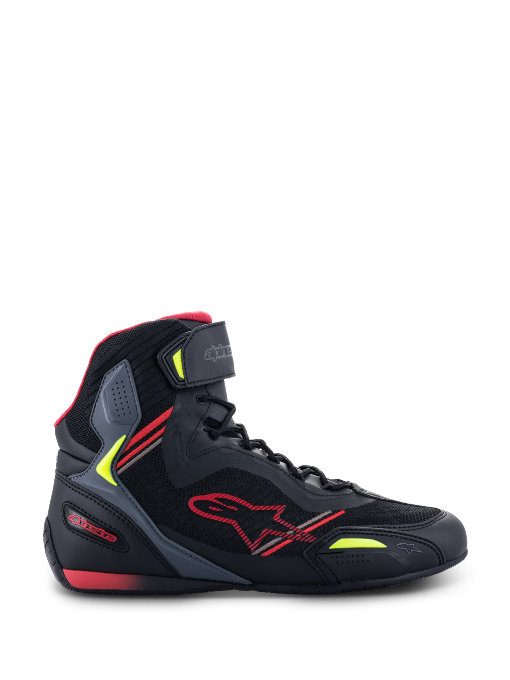 Alpinestars Faster-3 Rideknit® Shoes, Motorcycle Riding Shoes, Black with Red and Yellow Fluo accents, side profile showing breathable mesh and microfiber construction, high-top design with red star logo and adjustable ankle strap