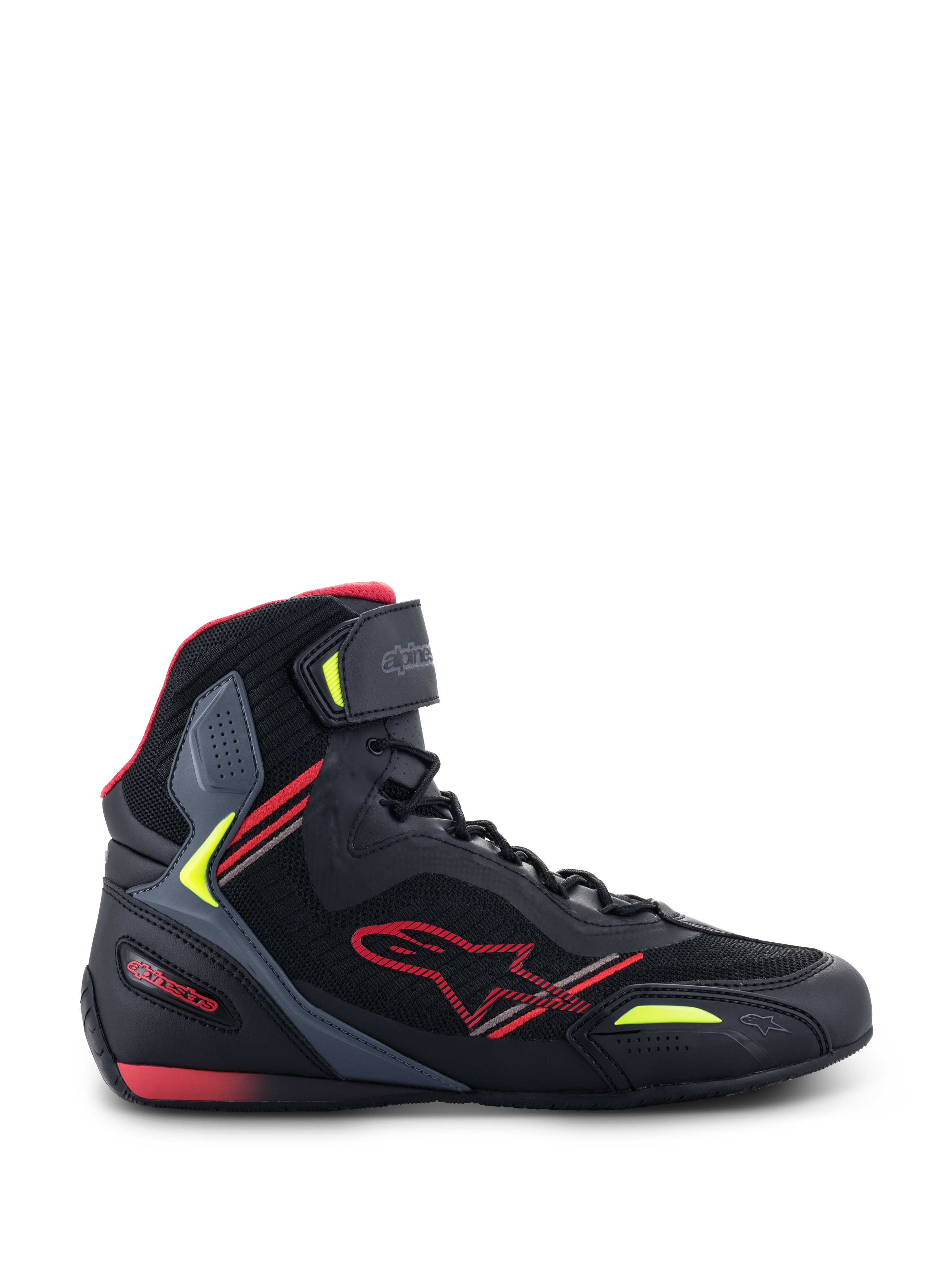 Alpinestars Faster-3 Rideknit® Shoes, Motorcycle Riding Shoes, Black with Red and Yellow Fluo accents, side profile showing breathable mesh and microfiber construction, high-top design with red star logo and adjustable ankle strap