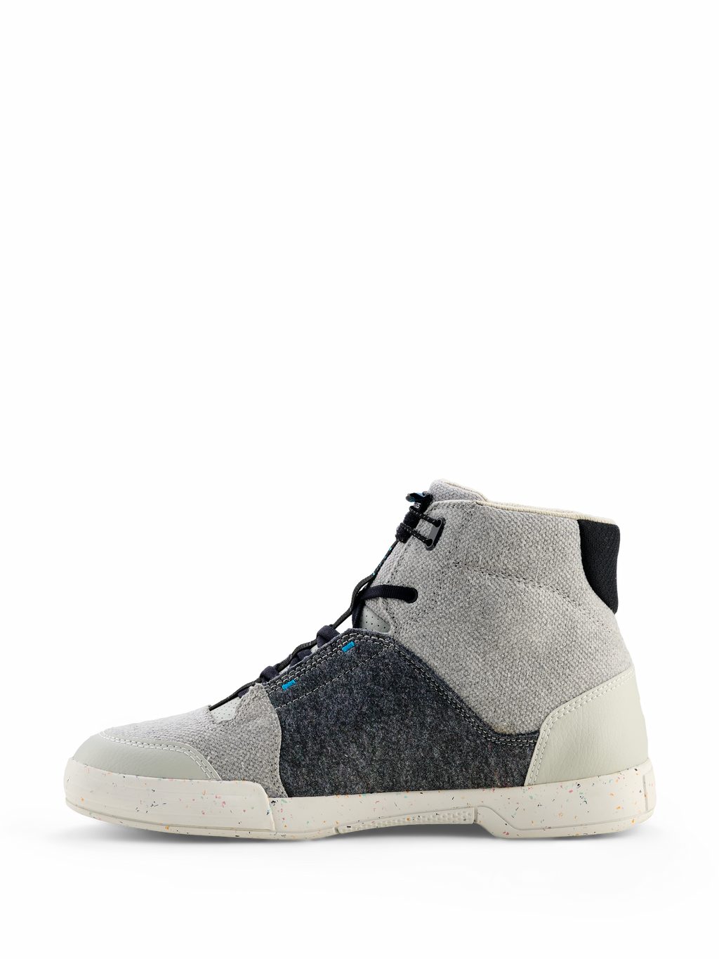Alpinestars Circal Riding Shoes, Urban Motorcycle Footwear, Gray Black and Methyl Blue, side profile featuring canvas and recycled felt materials, speckled off-white sole, high-top casual style for urban riding