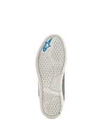 Alpinestars Circal Riding Shoes, outsole view, off-white recycled rubber sole with colorful speckles, hexagon grip pattern for traction, blue Alpinestars star logo, sustainable motorcycle footwear for urban riding