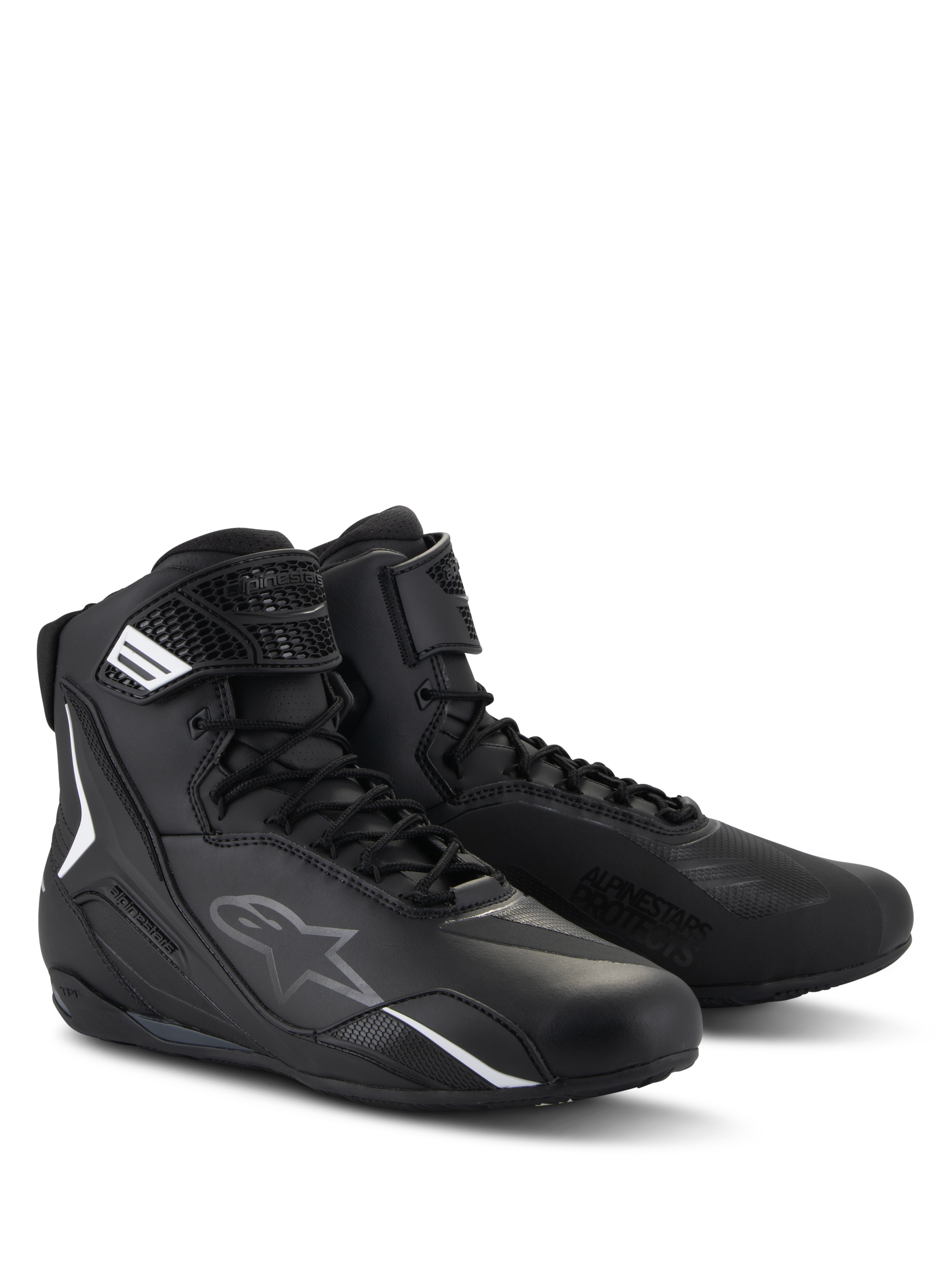 Alpinestars Faster-4 Shoes, Motorcycle Riding Shoes, Black, High-top design with lace closure and hook and loop strap, featuring white and gray logos, sleek microfiber construction for road riding