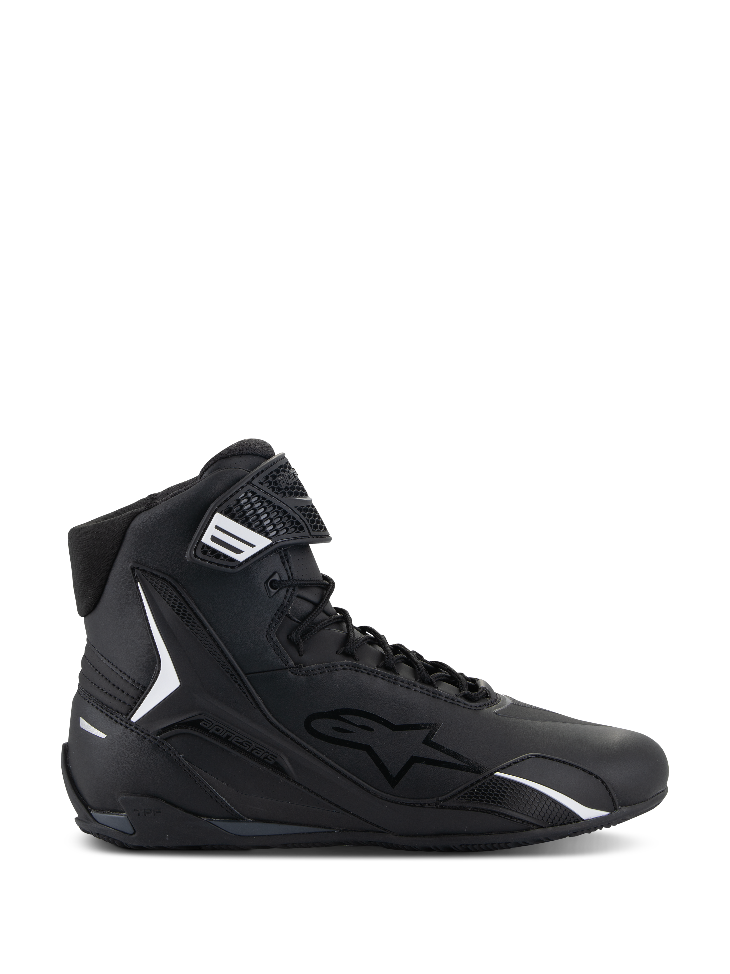 Alpinestars Faster-4 Shoes, Black High-Top Motorcycle Riding Shoe, Side Profile, Black with White Accents, Lace-Up with Hook-and-Loop Strap, Sporty Design with Padded Collar and TPU Protection