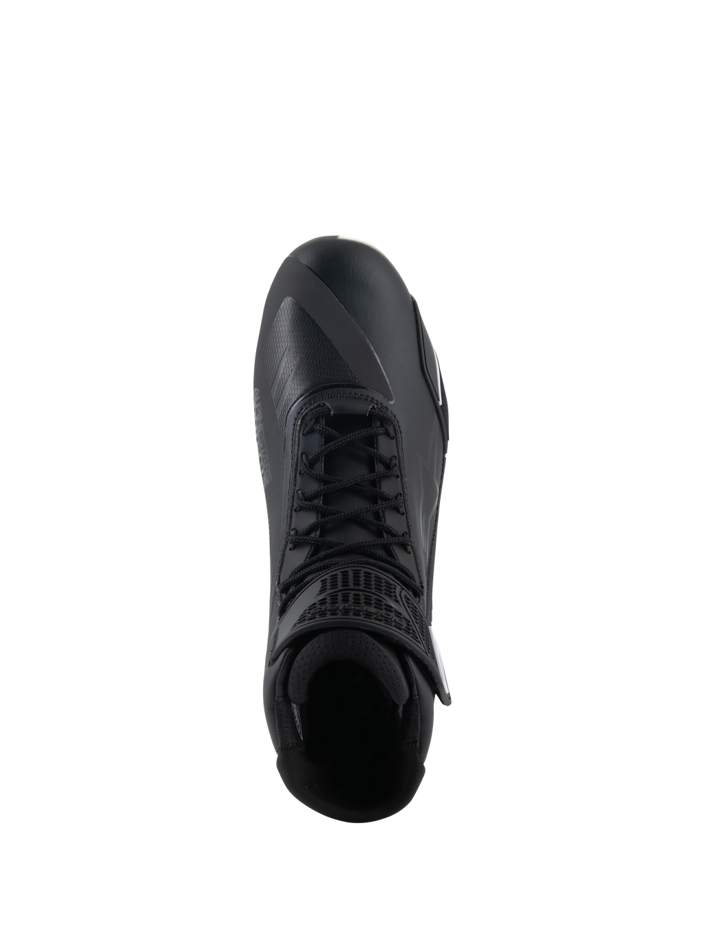 Alpinestars Faster-4 Shoes, Black Motorcycle Riding Shoes, top-down view, featuring traditional lace closure, seamless microfiber upper, and padded ankle collar.