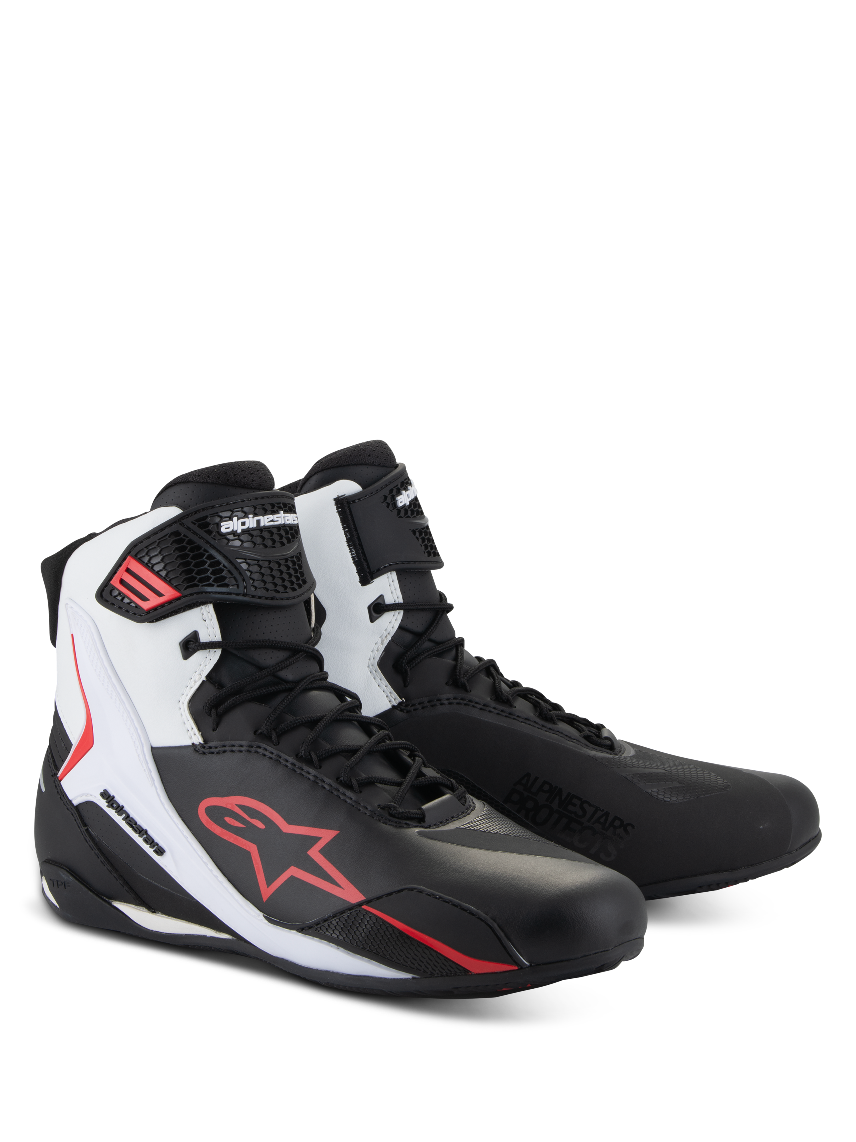 Alpinestars Faster-4 Shoes, Motorcycle Riding Shoes, Black White and Red, technical road riding footwear featuring an advanced microfiber upper, lace closure with a hook-and-loop ankle strap, prominent red Alpinestars logo, and protective TPR sliders.