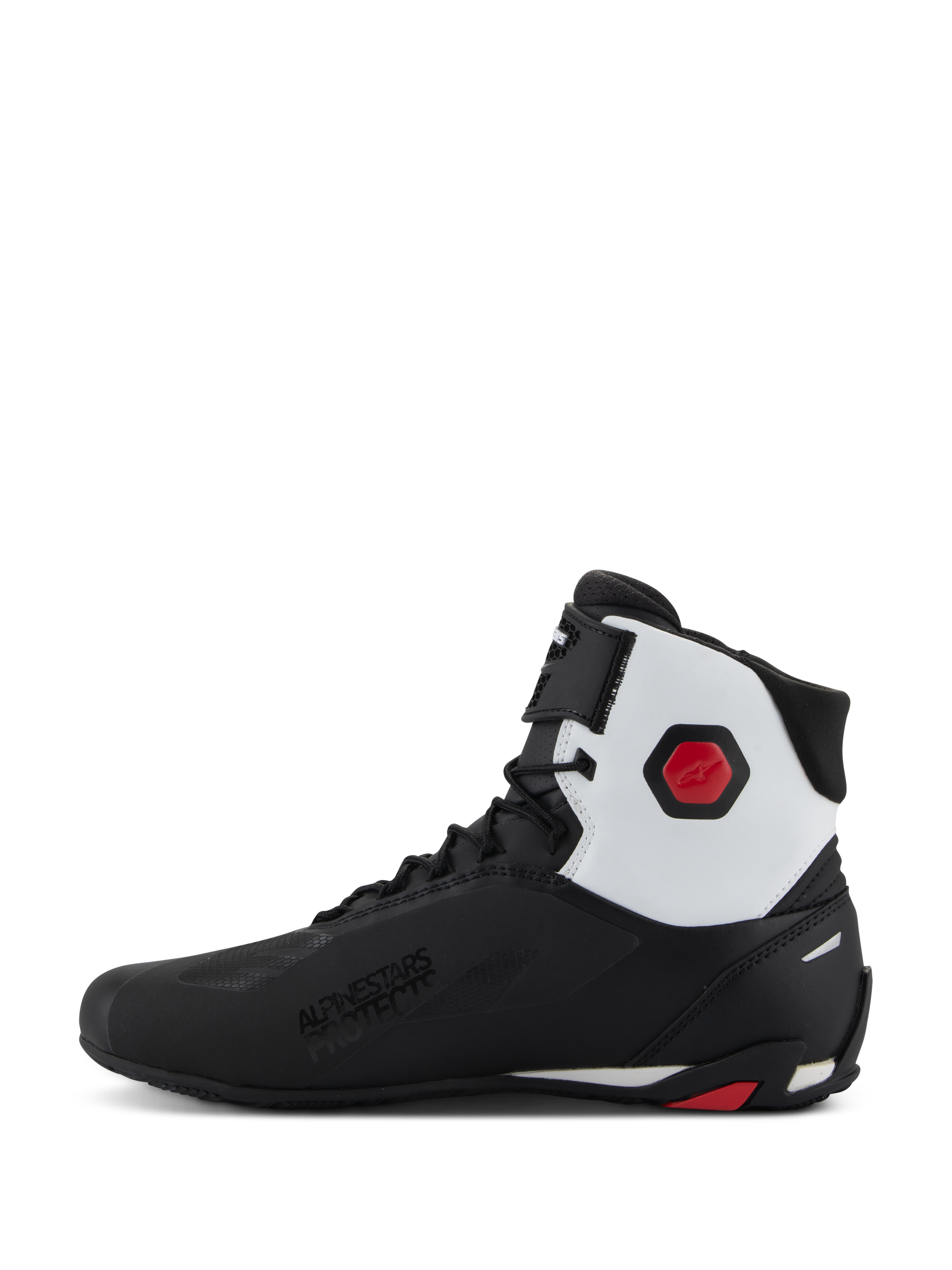 Alpinestars Faster-4 Shoes, Motorcycle Riding Shoes, Black White and Red, side profile view featuring a black microfiber upper with a white ankle panel, red hexagonal protector, lace-up closure with a top strap, and 'Alpinestars Protects' branding.