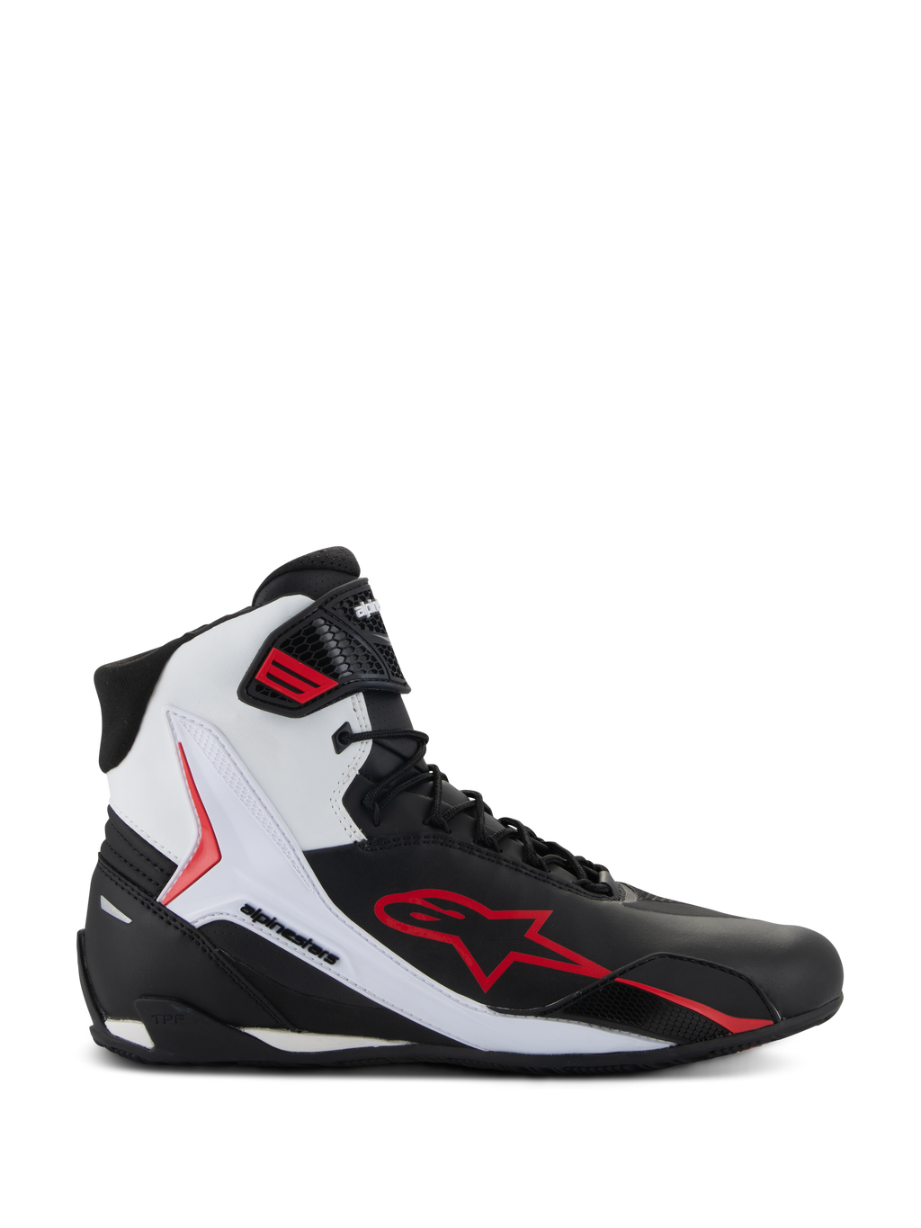 Alpinestars Faster-4 Shoes, High-top Motorcycle Riding Shoes, Black White and Red, featuring a large red star logo, white side panel with Alpinestars branding, and sporty road-riding design