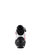 Alpinestars Faster-4 Shoes, rear view, black white and red, featuring a black TPR heel counter, white microfiber upper with red accents, and black padded collar, performance motorcycle riding footwear