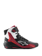 Alpinestars Faster-4 Shoes, High-Top Motorcycle Riding Shoes, Black White and Dark Red, side profile view featuring white Alpinestars logo and red TPU support panels, lace-up design with a sporty racing style, durable microfiber construction.