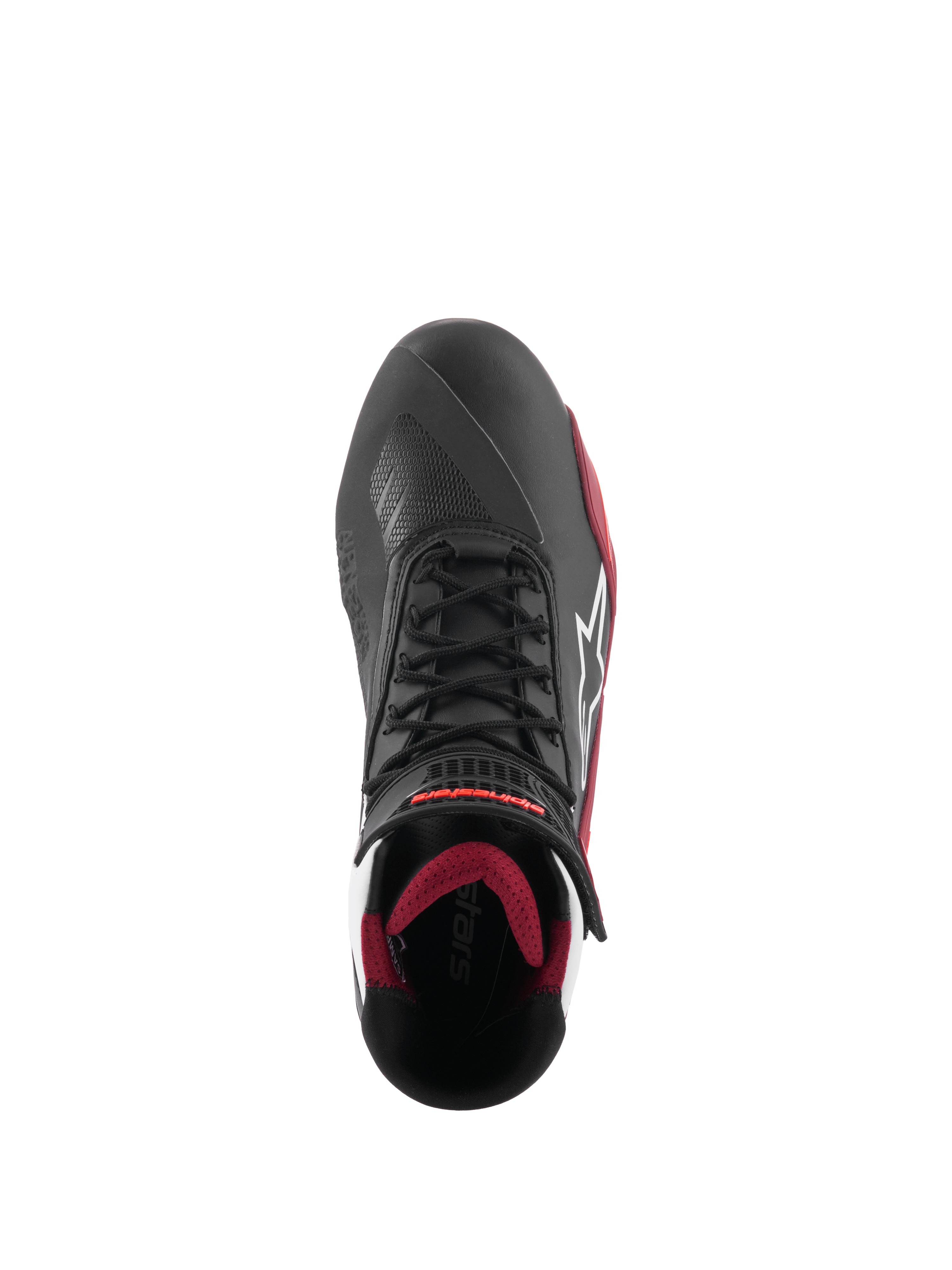 Alpinestars Faster-4 Shoes, Motorcycle Riding Shoes, Black White and Dark Red, top-down view featuring traditional lace closure, white Alpinestars star logo, and dark red padded interior lining.