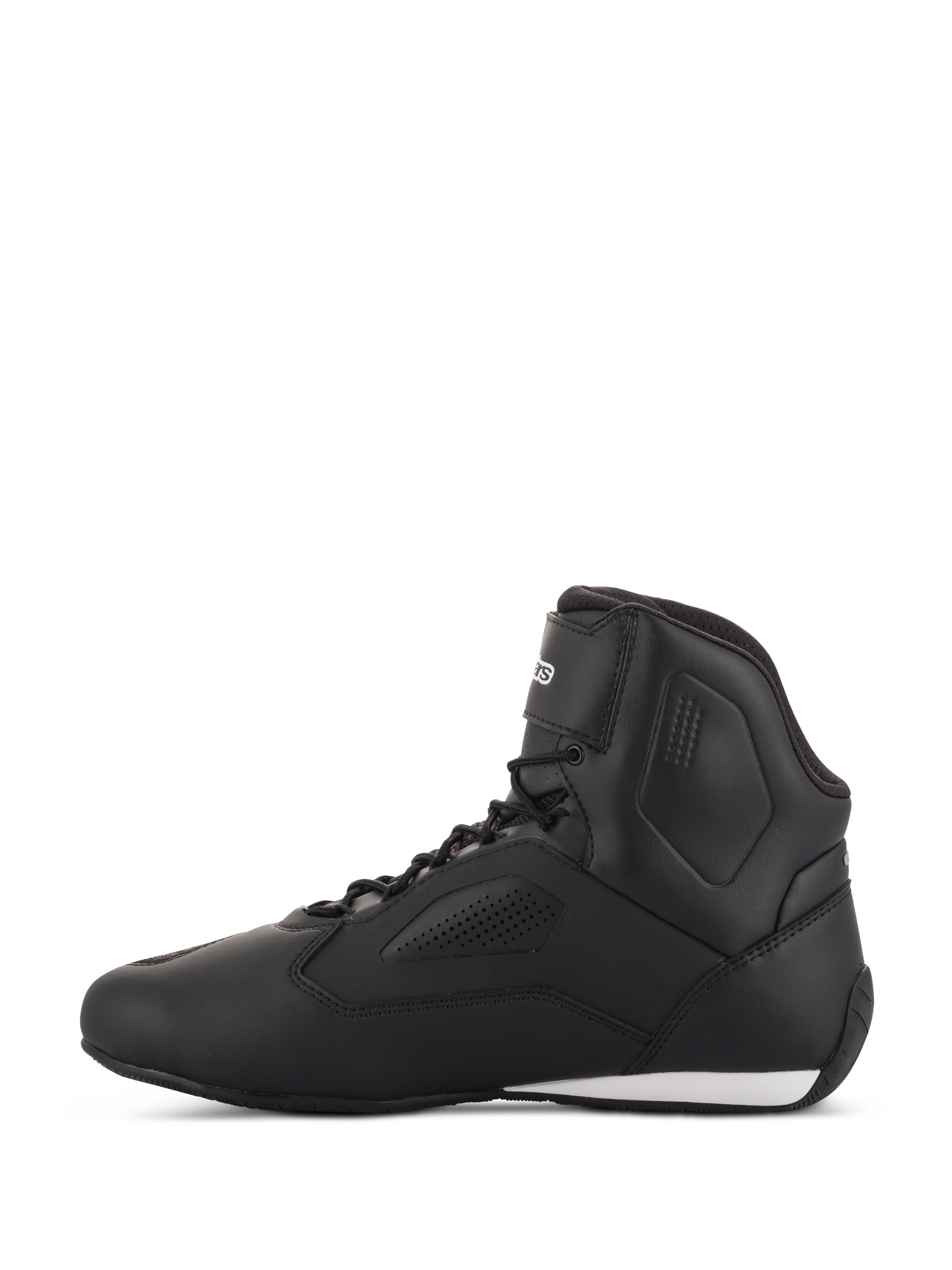 Alpinestars Women Stella Faster-3 Rideknit® Shoes, motorcycle riding shoes in Black Yellow Pink, side profile view, featuring a sleek high-top design with perforated panels and a white accent on the heel.