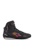 Alpinestars Women Stella Faster-3 Rideknit® Shoes, Motorcycle Riding Shoes, Black Yellow and Pink, side-view profile featuring a breathable knitted upper, vibrant gradient star logo, and hook-and-loop ankle strap.